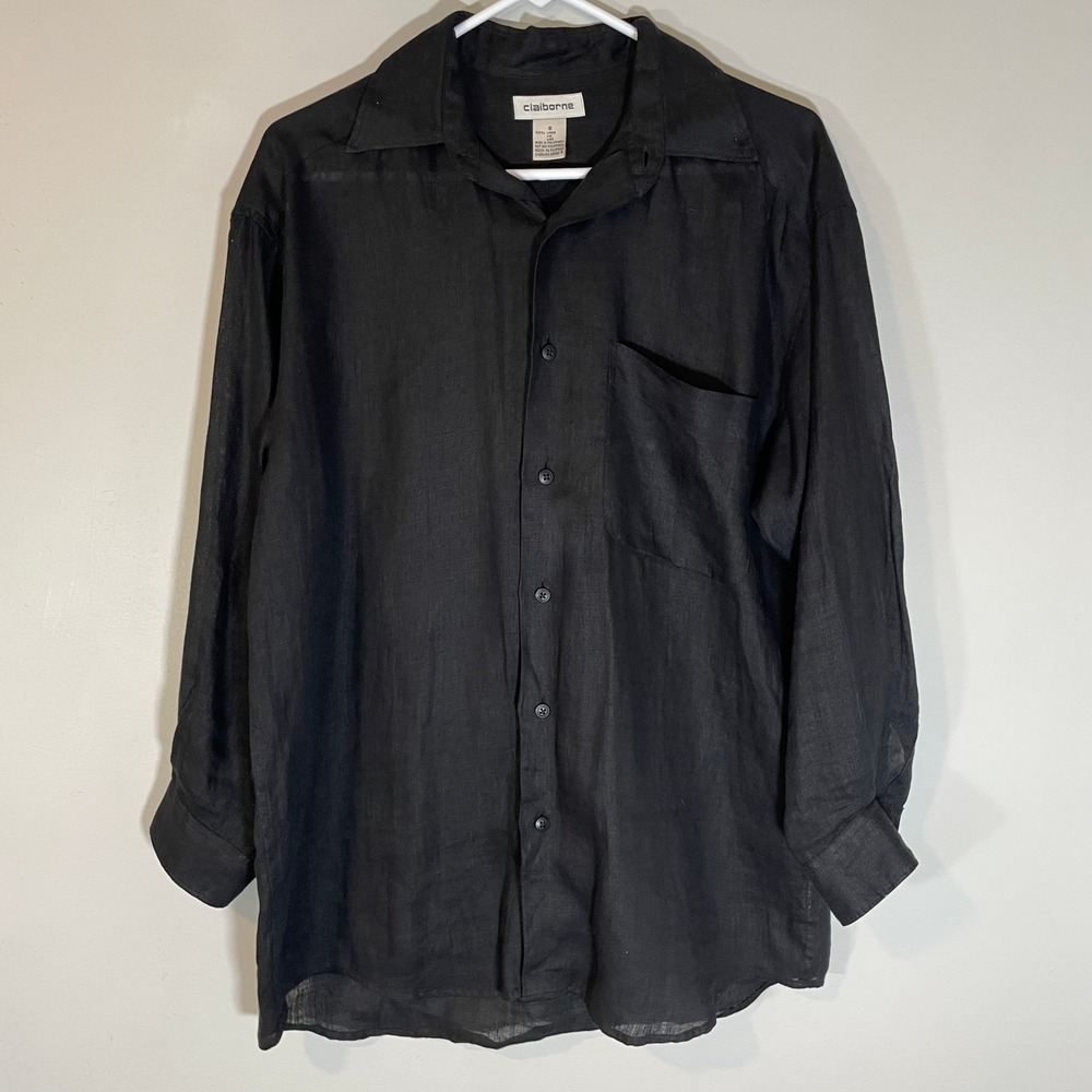 Claiborne Womens Black Linen Long Sleeve Button Down Shirt Size S Lagenlook